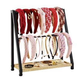 DGWJSU Headband Holder Organizer Metal 2-Tier Display Stand for Selling, Home Bedroom Headband Storage for Girls Women, Headband Stand Wood Base Can Store Hair Ties
