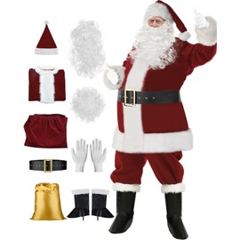VeMee Santa Claus Costume Christmas Santa Suit Adults Men's Costume Deluxe Plush Santa Outfit Burgundy Large