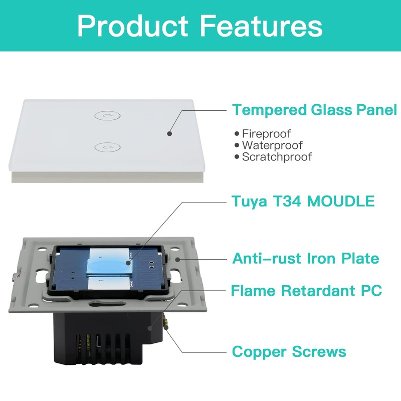 BSEED WiFi Touch Switch White,2 Gang 1 Way Smart Light