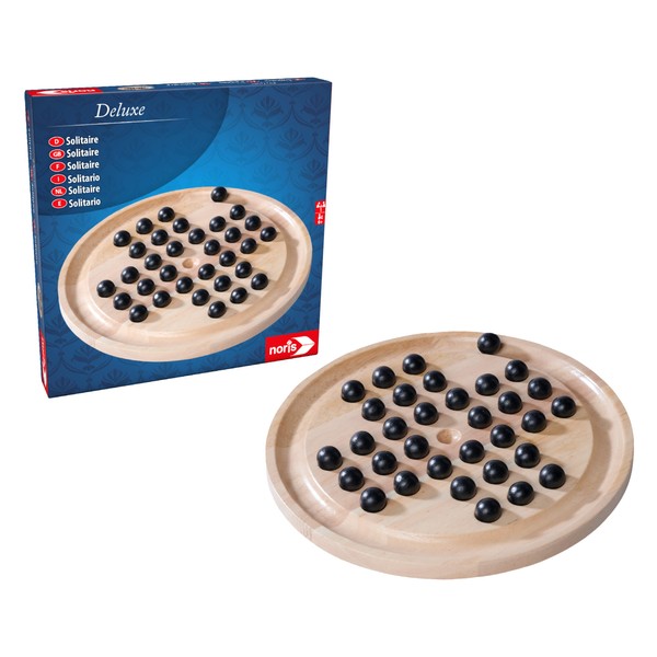 Noris 606102032 Deluxe Solitaire Wooden Game (22 cm) - Classic Games in High-Quality Wooden Design with Board and 33 Balls, Game for 1 Person, for Adults and Children from 6 Years