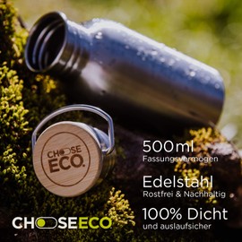 ChooseEco Drinking Bottle Stainless Steel Sustainable Water Bottle with Bamboo Lid, Leak-Proof, Reusable, Durable Drinks Bottle