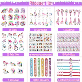 Anpro 90pcs Unicorn Party Bags Filler,Unicorn Pinatas Filler,Contains 9 Different Unicorn Goods(Hairpin，Slap Bracelets，Keychain，Temporary Tattoos Sticker and so on),Suitable for 3+ Girls