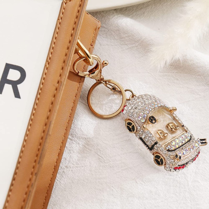 Sparkling Convertible Vehicle Rhinestone Keychain, Car Keyring Pendant, White, 5,5