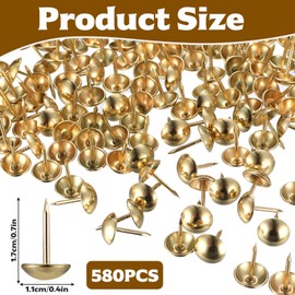 Tenbrachian 580 Pcs Upholstery Tacks, Antique Upholstery Pins, Gold Upholstery Nails Pins, Vintage Decorative Thumb Tacks, Round Head Furniture Tacks Pins, Thumbtacks Push Pins for Wood Sofa(Gold)