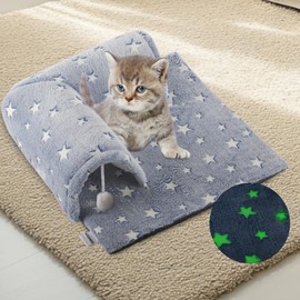 Kitten Tunnel Bed Mat, Glow in The Dark Kitten Bed for Indoor Kittens, Perfect Kitten Gift Toy with 3D Memory Foam, Detachable & Machine Washable, Non-Slip Bottom, Blue S