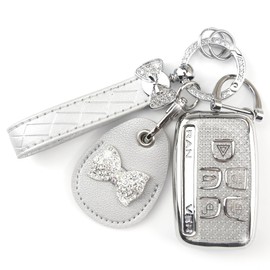 Rayslesan Key Fob Cover with Leather Holder Compatible with Airtag/RFID,Compatible with Land Rover LR2 LR4 Range Rover Discovery Jaguar XJ XF,RFID Protector,Car Key Accessories(5-Button, Silver)