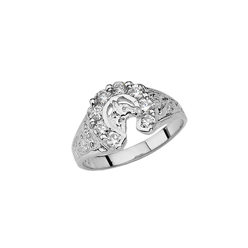 Lucky Horseshoe Ring with CZ in Solid Sterling Silver (Size