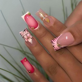 3D Lily Flower Press on Nails with French Tip Fake Nails Medium Square False Acrylic Nail Glossy Full Cover Artificial Glue on Nail for Women DIY Manicure