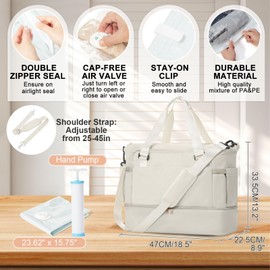 Large Travel Duffle Vacuum Seal Bags for Clothing with Hand Pump Gym Weekender Bags for Women Overnight Hospital Tote Carry On Luggage Space Saver Vacuum Storage Bags Men with Shoe Compartment Beige