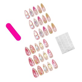 24pcs Handmade Press on Nails Almond Fake Nails Glossy Medium Length Stick on Nails with designs Acrylic Nails 3d Flower Bow Acrylic Glue on Nails Full Cover Colorful False Nails for Women Summer聽