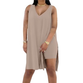 Difanlv Plus Size 2 Piece Outfits for Women Sleeveless Tunic Tops and Bodycon Biker Shorts Sets Tracksuits Brown,Medium