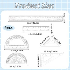 1 Set Plastic Clear Ruler Math Set, Includes 6" | 12" Long Straight Ruler, Triangles, Protractor Geometry Math Transparent Rulers for School Office Home Office Drawings (Transparent)