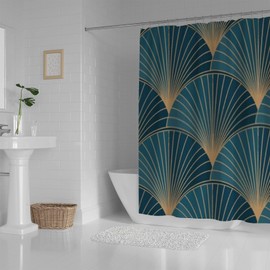 Kuizee - Cortina de ducha para baño, 152 x 182 cm, con 12 ganchos, diseño de elementos dorados, color azul