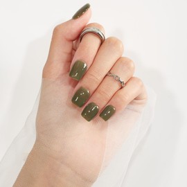 KQueenest Olive Green Press On Nails Short Square - Acrylic Press On Nails With Glue, Moss Green Short Fake Nails Press ons, Glossy Opaque, Reusable Soft Gel Glue on Nails for Women Gift, 24 Pcs