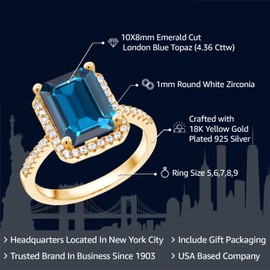 Gem Stone King 18K Yellow Gold Plated Silver Gemstone Birthstone Engagement Ring | Emerald Cut 10X8MM | Wedding Engagement Anniversary Promise Ring For Women | Available In Size 5, 6, 7, 8, 9
