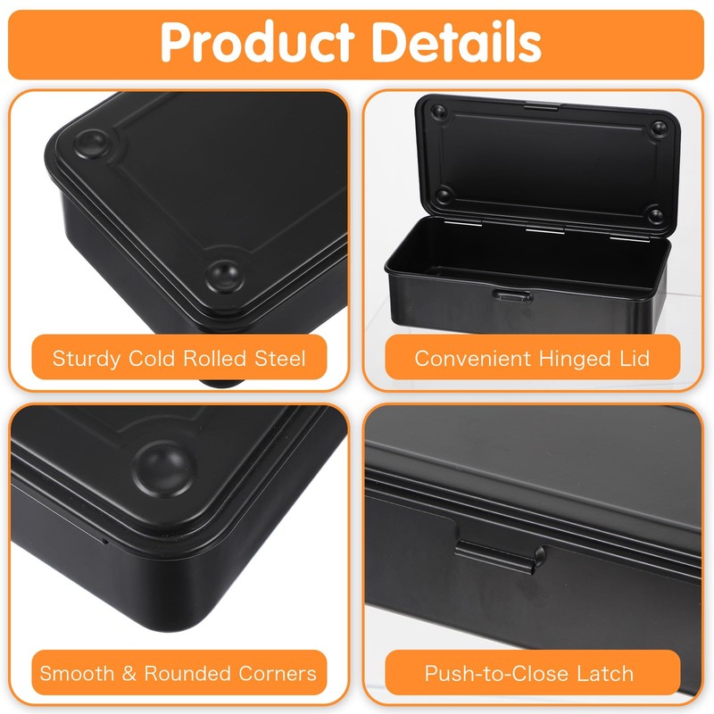 Steel Storage Box with Hinged Lid, 2 Pack Metal Container