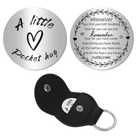 CREATCABIN A Little Pocket Hug Token Heart Long Distance Relationship Keepsake Keyring Stainless Steel Double Sided with PU Leather Keyring Gift for Family Friends Women Daughter Son Silver 3 cm