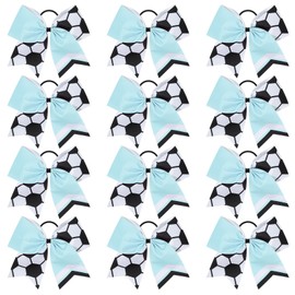 12PCS Soccer Bows 8" Soccer Cheer Bow Large Girls Hair Bows Cheerleading Bows Bulk Elastic Band Ponytail Holder for Teen College Football Competition-White Blue