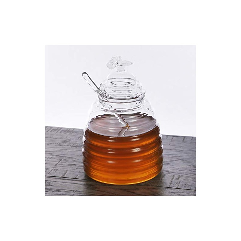 ORNAMI Handmade Glass Honey Pot with Dipper and Lid, 450