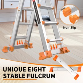 Valeo Ladder 14FT, Multi Position 4 Step Ladder Extension, Anti-Slip A Frame Folding Ladder with Removable Tool Tray, 330lbs Adjustable Telescopic Aluminum Ladders for Stairs Home Indoor Outdoor Roof