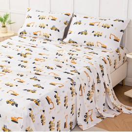 WINLIFE Kids Twin Sheet Set Excavator Printed - 3 Piece Vehicles Soft Microfiber Bed Sheets - Deep Pocket - Easy Fit - Wrinkle Resistant Cozy Bedding Set for Toddler Boys Girls Teens