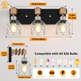 FadimiKoo 3-Light Wood Bathroom Light Fixtures Over Mirror, Rustic Black Silver Famhourse Sconces Wall Decor with Elegant Metal Lampshade for Living Room, Bedroom, Porch