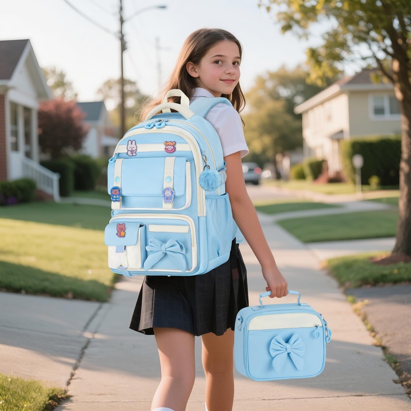 Aomutrsn Cute Girls Backpack with Lunch Box Set, 5pc Blue