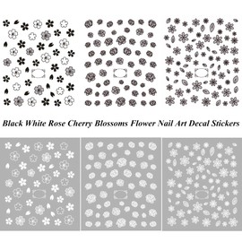 Semi Transparent Black White Rose Cherry Blossoms Flower Nail Art Decal Stickers Self Adhesive Nail Stickers for Fingernails Acrylic Nails Designs Decorations for Women Girl Kids Nail Decor(6 Sheets)