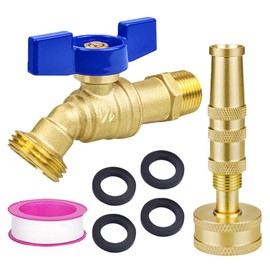 TMOK Full Flow 1/2" MIP Inlet x 3/4" MHT Outlet Outdoor Faucet & Adjustable Twist Hose Nozzle, Heavy-Duty Brass 3/4" GHT Hose Sprayer with 4 Garden Hose Rubber Washers, Teflon Tape