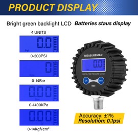 MEASUREMAN 2-1/2" Dial Size Digital Air Pressure Gauge with 1/4'' NPT Bottom Connector and Protective Boot, 0-250psi, Accuracy 1%, Battery Powered with LED Light Short Thread