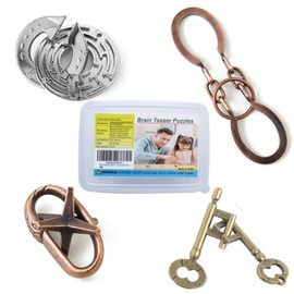 Brain Teaser Puzzles with Plastic Box,4 Pieces Metal Cast Puzzle Games Toys for Kids and Adults IQ Test,IQ Educational Box for Teens