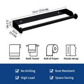 Stainless Steel Black Paper Towel Rack Wall Mount Self Adhesive or Screw Mounting Under Cabinet Toilet Paper Roll Holder for Home Kitchen Bathroom Camper Wall ﻿