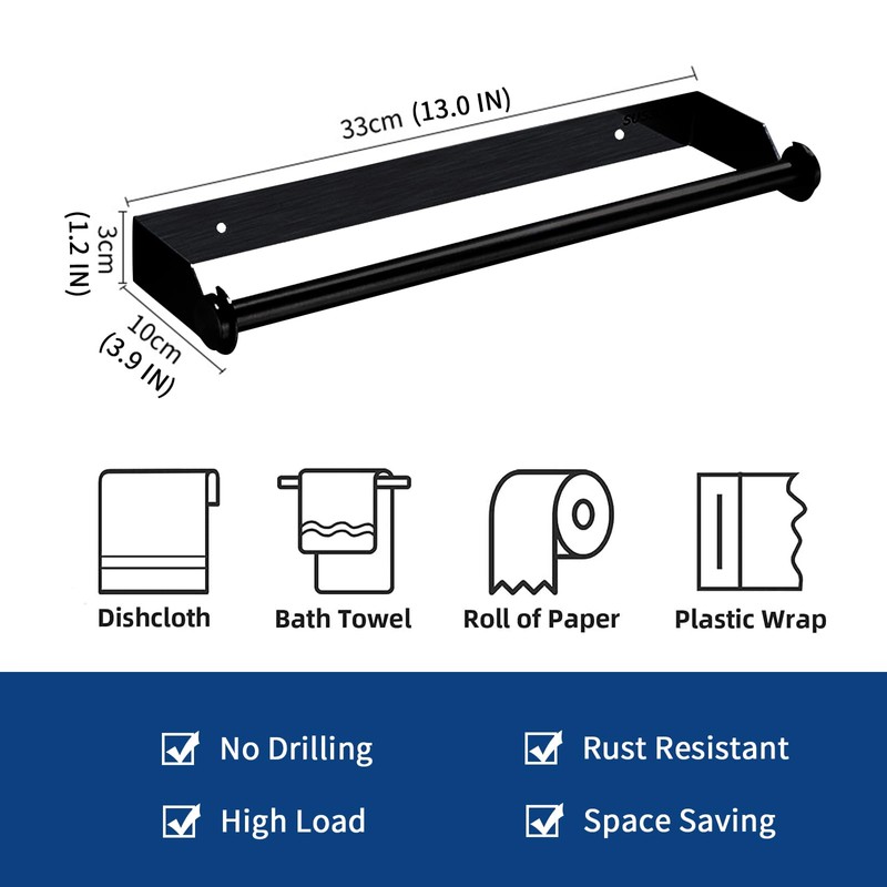 Stainless Steel Black Paper Towel Rack Wall Mount Self Adhesive