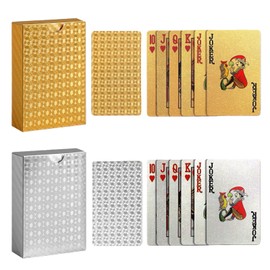 2 Set 54 Gold Foil Waterproof Plastic Playing Cards for Magic Playing Cards - Unbreakable Durable Never Fade - Shiny Gorgeous Design for Poker and Card Games