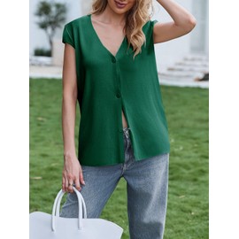 Saodimallsu Womens Deep V Neck Sweater Vest Sleeveless Knit Button Up Loose Fit Cap Sleeve Trendy Summer Tops Dark Green
