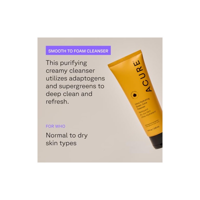Acure, gel limpiador facial ultra hidratante de jugo verde 118