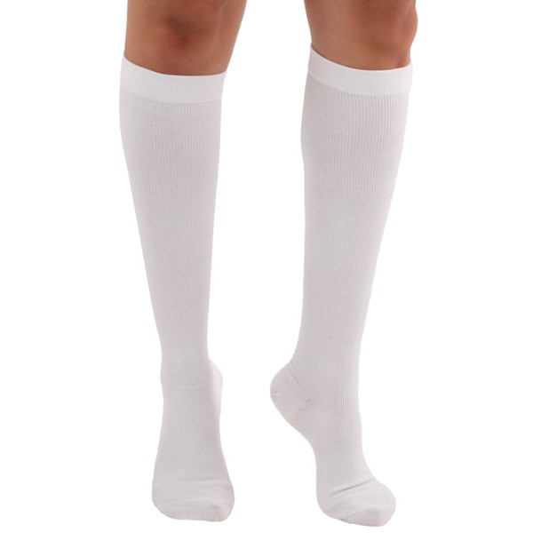 Opaque Cotton Compression Socks for Women and Men Circulation 20-30mmHg - Compression Knee High Stockings for Women and Men 20-30mmHg with Circulation - Made in USA by Absolute Support - White, Large