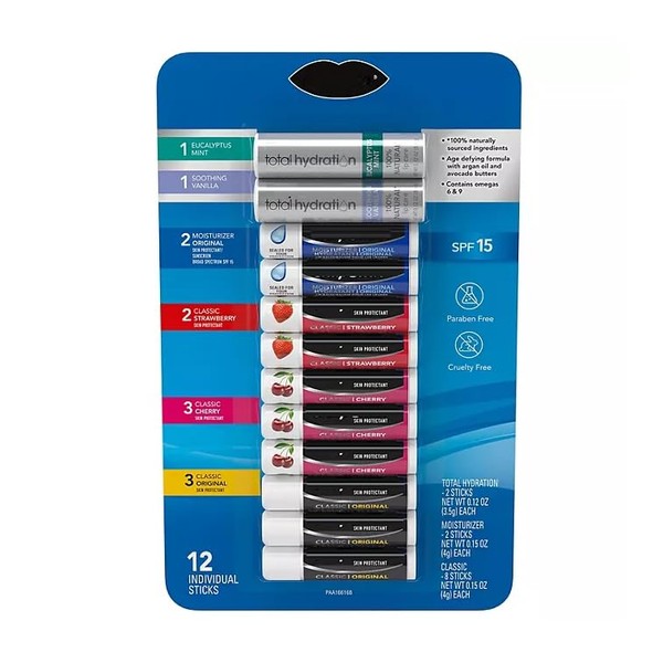 Lip Balm Variety Pack Original, Cherry, Strawberry, Moisturizer & Total
