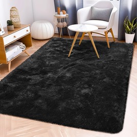 Awaytail Fluffy Rug Lightweight 4x6 Feet, Black Floor Rugs for Bedroom, Non-Skid Nursery Furry Rugs for Kids Room Nursery