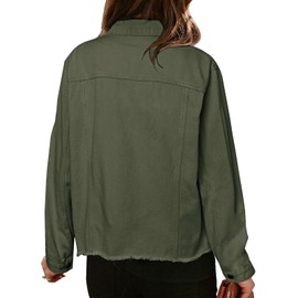 LONGBIDA Women's Jean Jacket Frayed Washed Button Up Cropped Denim Jacket With Pockets(Navy Green,L)