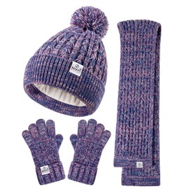 Kids Winter Hat Gloves Scarf Set,Girls Toddler Winter Hat Beanies with Pom Neck Warmer Gaiter Mittens Fleece Lined Set Christmas Gift for Kids（Purple Mix）
