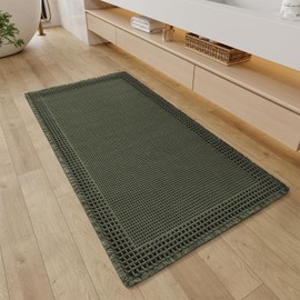 RESARE Waffle Bathroom Runner Rugs, Super Absorbent Bath Mat Non Slip Washable Quick Dry, Upgraded Ultra Soft Boho Bath Rugs with Tassels for Hallway Bedroom Laundry Room, 2'x4'(24"x48"), Green
