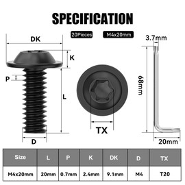 Wavanta 20Pcs M4 Bolts, M4 x 20mm Flanged Button Head Screws, Torx Bolts, 304 Stainless Steel, Fully Threaded, Black Oxide with Torx Key