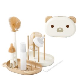 HOEREV Portable baby BPA-free bottle brush set include pacifier brush, straw brush, draining rack, portable box, Beige