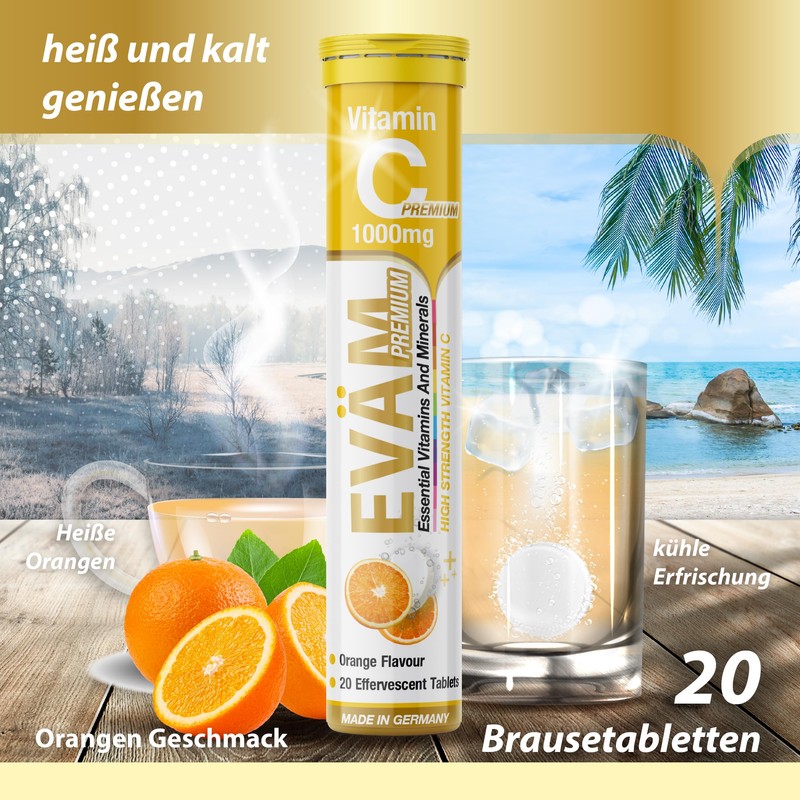 EVÄM Premium Vitamin C 1000 mg Effervescent Tablets, Orange Flavour,