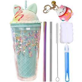 Vaso de viaje de unicornio con pajita de lentejuelas, taza de hielo congelador, taza de plástico para fiesta de picnic, cumpleaños (encantador gato azul 7)