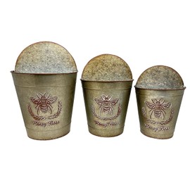 S/3 Honey Bees Design Metal Half Bucket Planter Set Galvanized Rustic Indoor Outdoor