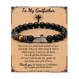 QWNHONEY Godparents Godfather Proposal Gift Godfather Gift Cross Bracelet for Men Birthday Anniversary Christmas Christian Black Tiger Eyes Beads