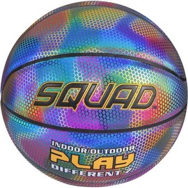SQUAD NightPlay Reflective Basketball with Cool Holographic PU Leather, Size 5 - Glow Luminous Basketball for Outdoor Night Game, Ideal Gift for Boys and Girls - Includes Pump