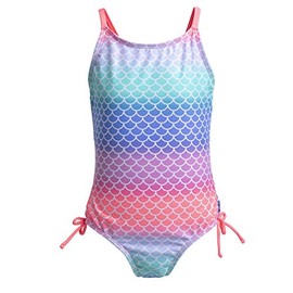 Jimmy Baha·mas Girls 1 Piece Sport Swimsuits with Cross Back Strap Colorful Fish Scales Print and Two Cute Bow Decorations